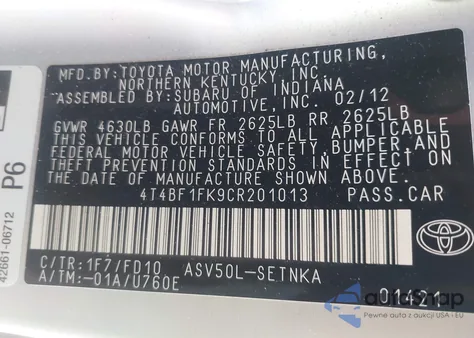 2012 Toyota Camry Le from USA, damaged, VIN 4T4BF1FK9CR201013